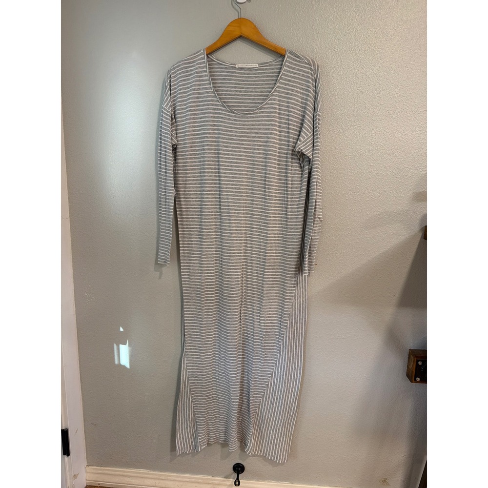 Peruvian Connection Maxi Dress Womens XL Grey White Striped Long Sleeve‎ Scoop